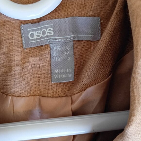 ASOS Camel Double Breasted Blazer | Longline Linen Blend Jacket Size US 2 - Picture 3 of 5